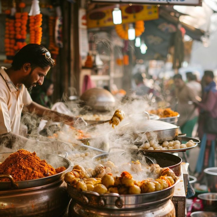 Delhi street food market Street vendor cooking snacks Indian street food in New Delhi Hot food stall with steam Famous chaat in Delhi Busy food market in Delhi Traditional food in New Delhi streets Vendor serving street food Tasty snacks at Delhi market Spicy street food in Delhi