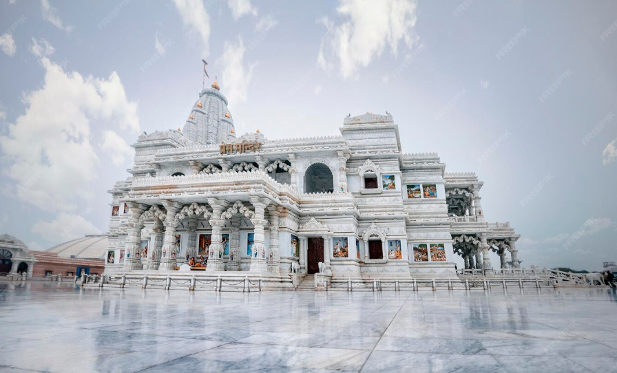 "Beautiful white marble temple with ornate pillars and religious artwork" "Stunning Hindu temple architecture with detailed carvings and statues" "Large marble temple with intricate design and spacious courtyard" "Elegant white temple showcasing traditional Indian architectural style" "Majestic Hindu temple with artistic wall paintings and carvings" "Grand marble temple reflecting Indian craftsmanship and devotion" "Temple exterior with white marble pillars and decorative arches" "Religious monument with detailed carvings and marble flooring" "Hindu place of worship built with white marble and colorful murals" "Ornate temple architecture under a bright sky"