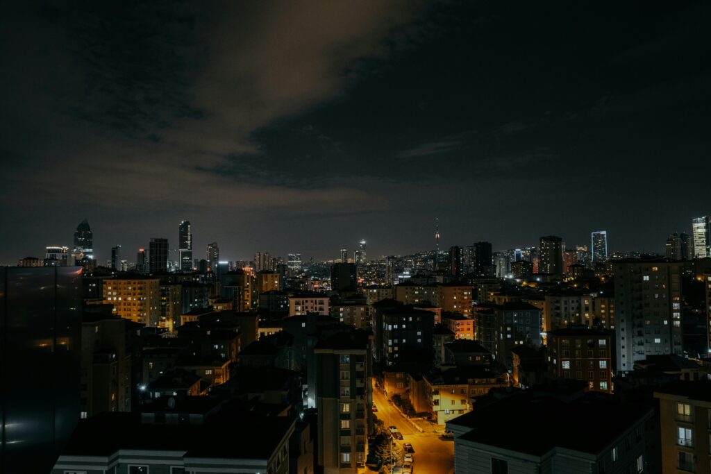 City Skyline Night Urban Landscape Dark Cityscape Skyscraper Lights Apartment Buildings Night Overhead City View Night Time Cityscape Residential Urban Area Downtown City Lights Dark Sky City Photo Modern City Architecture