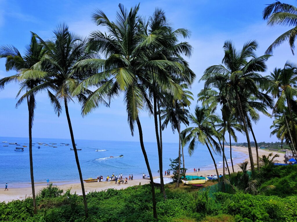 Tropical Beach Goa Palm Trees Ocean View Beach Water Sports Blue Water Coastline Indian Beach Vacation Boats Palm Grove Crowded Beach Day Coconut Trees Seashore Jet Skiing Beach Lush Tropical Beach