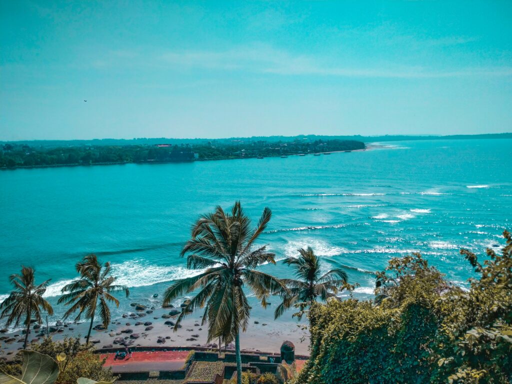 Tropical Coastline View Blue Ocean Palm Trees Goa Sea View Landscape High Angle Beach Palms Beach Waves Blue Water Coconut Trees Ocean View Coastal Scenery India Vibrant Turquoise Sea Tropical Resort Vista Hilltop Beach View