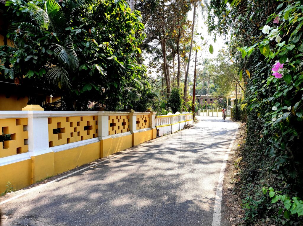 Goa Street Sunny Tropical Road Yellow Wall Indian Village Road Portuguese Architecture Wall Palm Trees Roadside Lush Green Lane Residential Street Goa Vibrant Yellow Fence Suburban Indian Road Quiet Shaded Lane